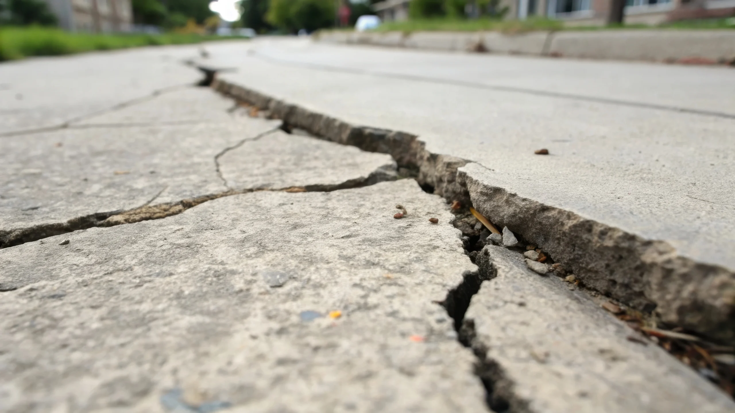 A large crack in pavement, demonstrating foundation movement from expansive soils, a claim for construction defect attorneys.