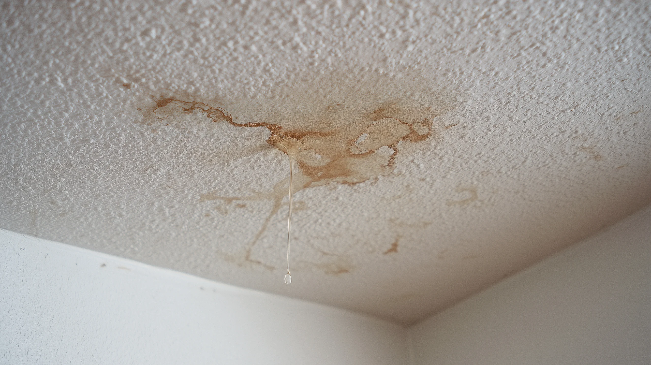 A water stain on a ceiling, representing a roof leak, a common issue handled by construction defect attorneys.