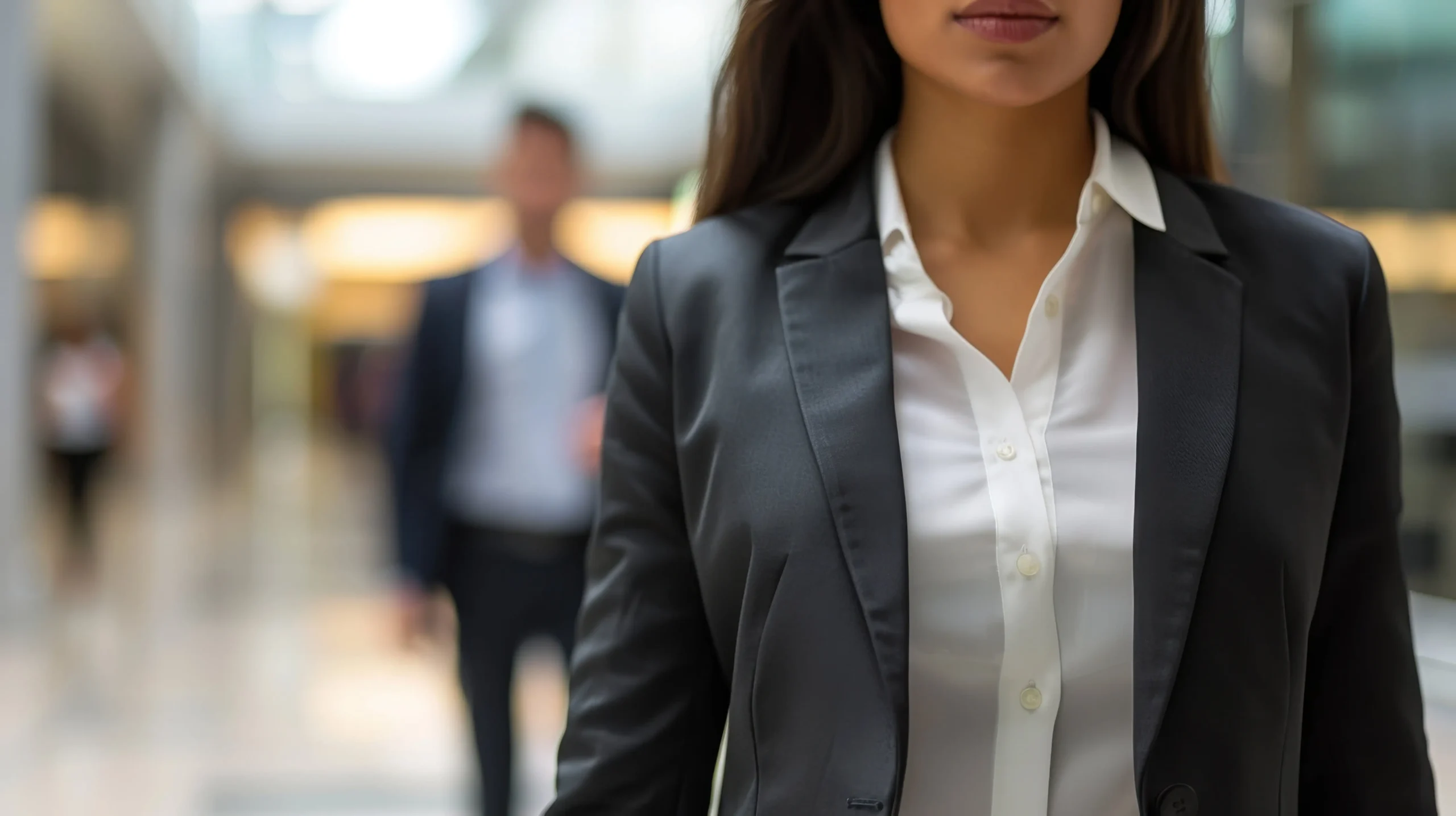 A professional woman walks resolutely through symbolizing the act of reporting and needing whistleblower protection.