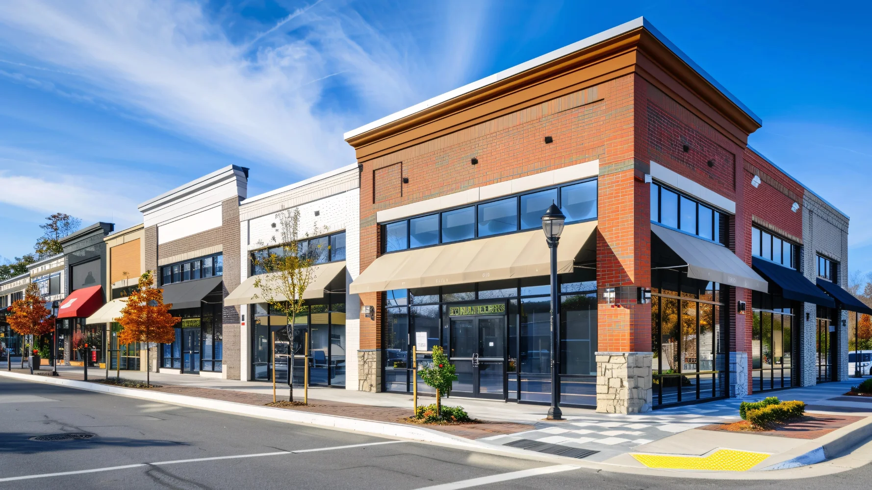A street-level view of a commercial property, where construction defect attorneys assist with claims for HVAC issues and foundation settling.