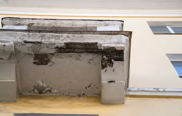 A damaged balcony showing water staining and rot, a liability risk that construction defect attorneys can help resolve.