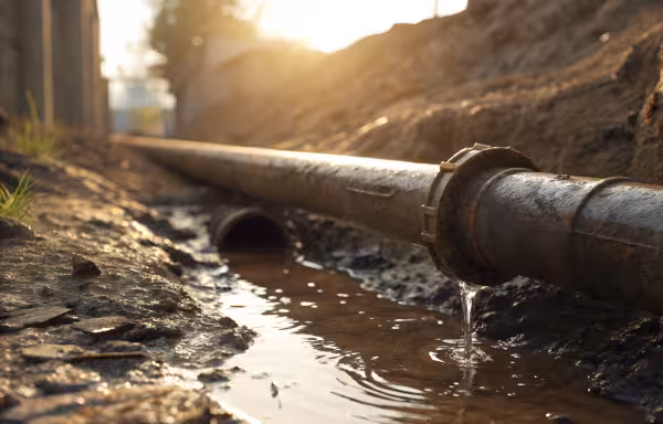 An underground pipe in a trench, illustrating grading and drainage problems that construction defect attorneys investigate.