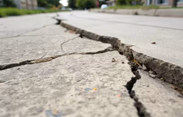 A large crack in pavement, demonstrating foundation movement from expansive soils, a claim for construction defect attorneys.