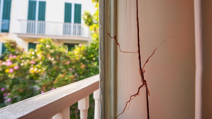 Significant vertical and horizontal cracking in a party wall with peeling plaster, a common structural failure investigated by condo construction defect attorneys.