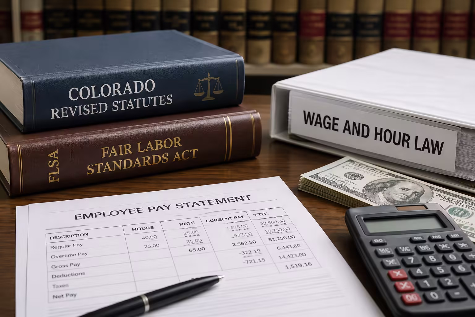 colorado-wage-and-hour-law-compliance Colorado wage and hour law materials, employee pay statement, calculator, and payroll documents on a legal office desk.