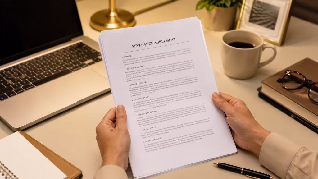 Colorado employee carefully reviewing a severance agreement on a desk before signing, severance review