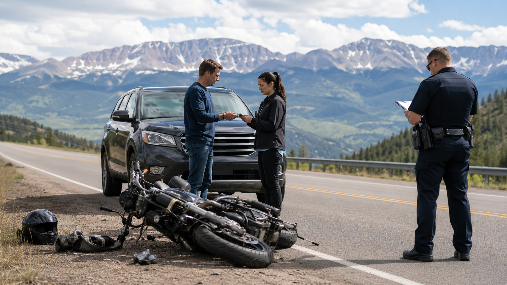motorcycle accident Colorado wage and hour law materials, employee pay statement, calculator, and payroll documents on a legal office desk.