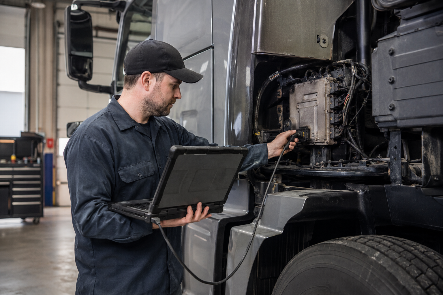 A mechanic measures tire tread depth on a commercial truck during a maintenance inspection in Colorado.
